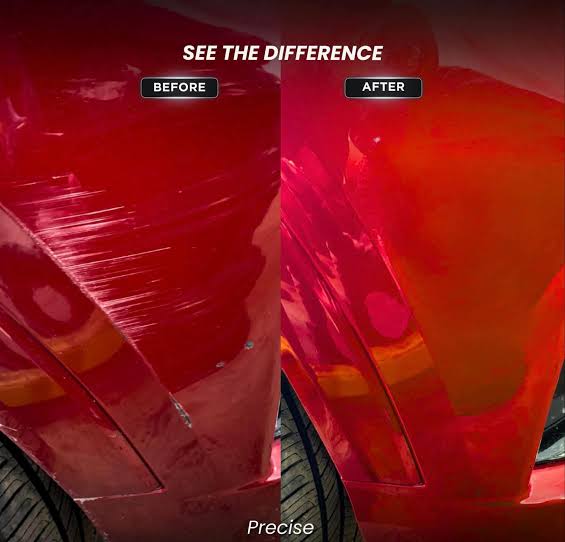 Before and after: scratched red paint restored and protected with paint protection film at Miyoshi Auto Styling